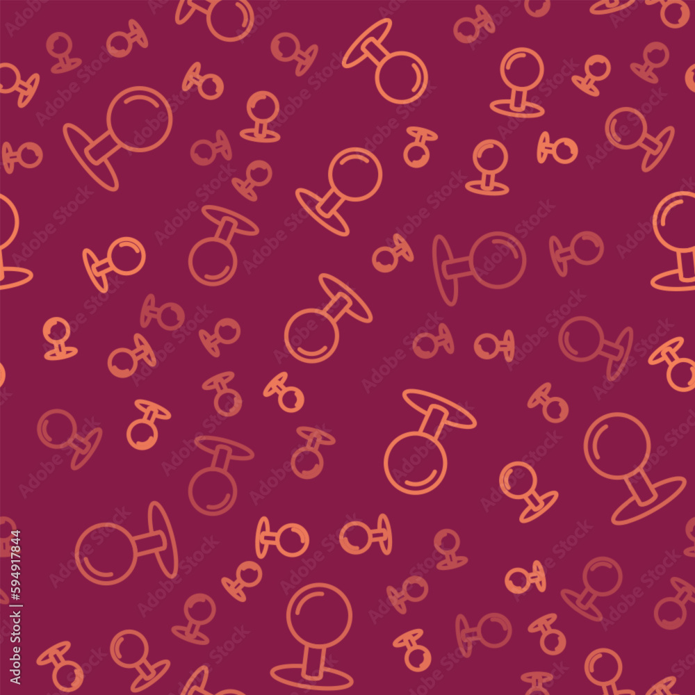 Poster brown line push pin icon isolated seamless pattern on red background. thumbtacks sign. vector