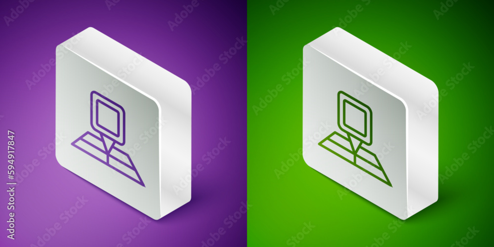 Poster Isometric line Folded map with location marker icon isolated on purple and green background. Silver square button. Vector