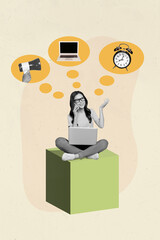 Poster banner collage of executive worker young lady talk cell smart phone speak about new vacancy opportunity headhunting advert