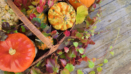 Autumn composition on a wooden background of pumpkins, chestnuts and autumn leaves. Halloween. Thanksgiving Day. Flat lay.