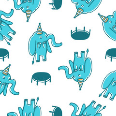 Happy elephant bouncing on trampoline. Vector seamless pattern in cartoon flat style isolated on white background.