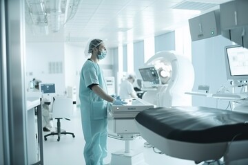 Fototapeta premium A Nurse In A Hospital Operating Room With A Monitor And A Chair Hospital Advertising Photography Medical Devices Generative AI