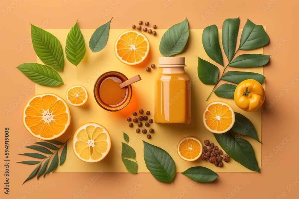 Poster top view conceptual flat lay of fresh orange juice and fruit on a yellow backdrop with a single gree