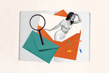 Magazine drawing template collage of excited lady read incredible news from letter about sale...