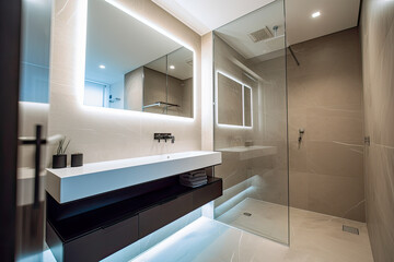 Fototapeta na wymiar A spacious bathroom with a large soaking tub - Generative AI