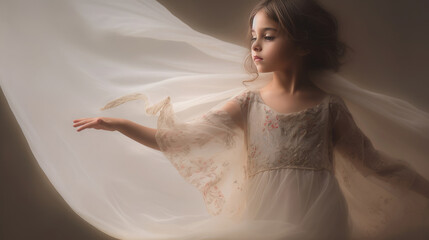 Fototapeta na wymiar Sweet Little Girl in a White Dress and Billowing Fabric, Generative AI