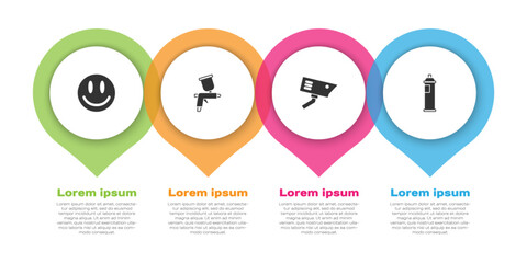 Set Smile face, Paint spray gun, Security camera and can. Business infographic template. Vector