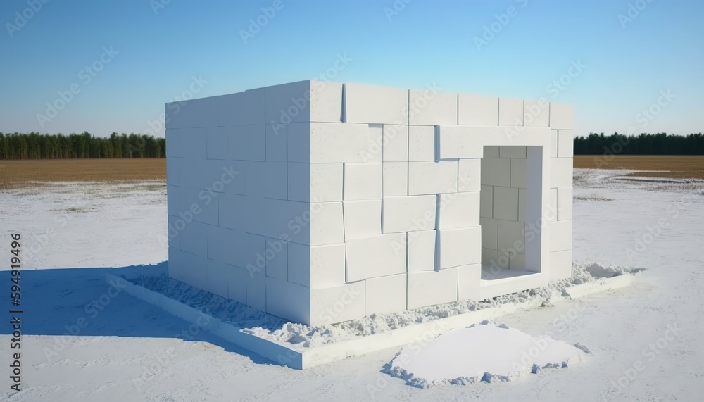Poster frame being added to a home composed of white foam concrete blocks. generative ai