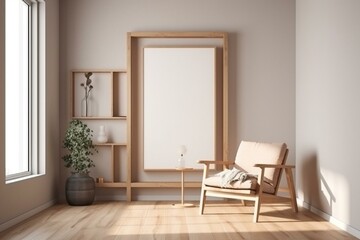 Vertical wood frame mockup in living room interior with window light shadow. 3d rendering, 3d illustration. Generative AI