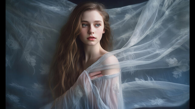 Captivating and Stunning Teen Girl with a Billowing Sheet in Soft Lighting, Generative AI