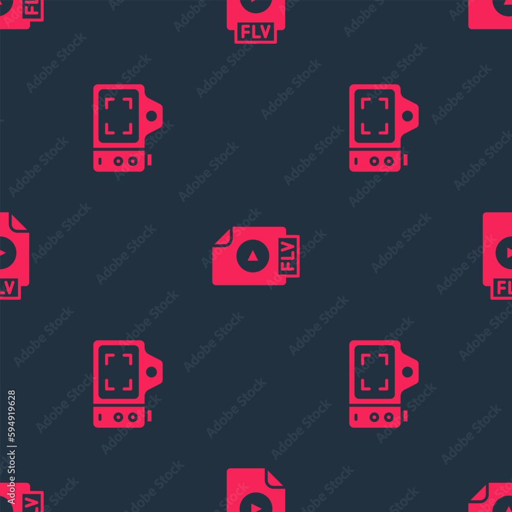 Poster set photo camera and flv file document on seamless pattern. vector