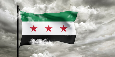 Syria  national flag cloth fabric waving on beautiful sky grey Background.