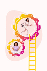 Vertical template creative photo collage of positive happy women work together in company at same project isolated white color background