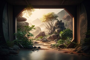 Generative AI of Interior design inspiration from zen garden and cool feeling of future world background