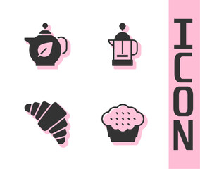Set Muffin, Teapot with leaf, Croissant and French press icon. Vector
