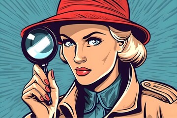 woman is a detective looking through magnifying glass search. Vector illustration in pop art retro comics style. poster for advertising - obrazy, fototapety, plakaty