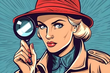 Foto op Plexiglas woman is a detective looking through magnifying glass search. Vector illustration in pop art retro comics style. poster for advertising © Dima