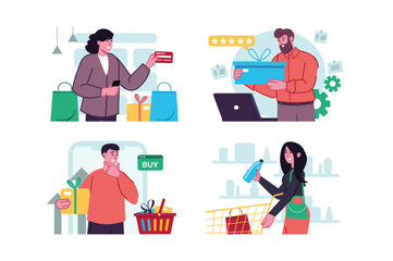 Shopping set concept with people scene in the flat cartoon design. Men and women choose different products in supermarkets and online stores. Vector illustration.