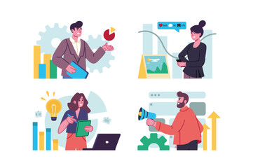 Set concept Marketing with people scene in the flat cartoon design. Marketers work on the distribution of various advertisements on social networks. Vector illustration.
