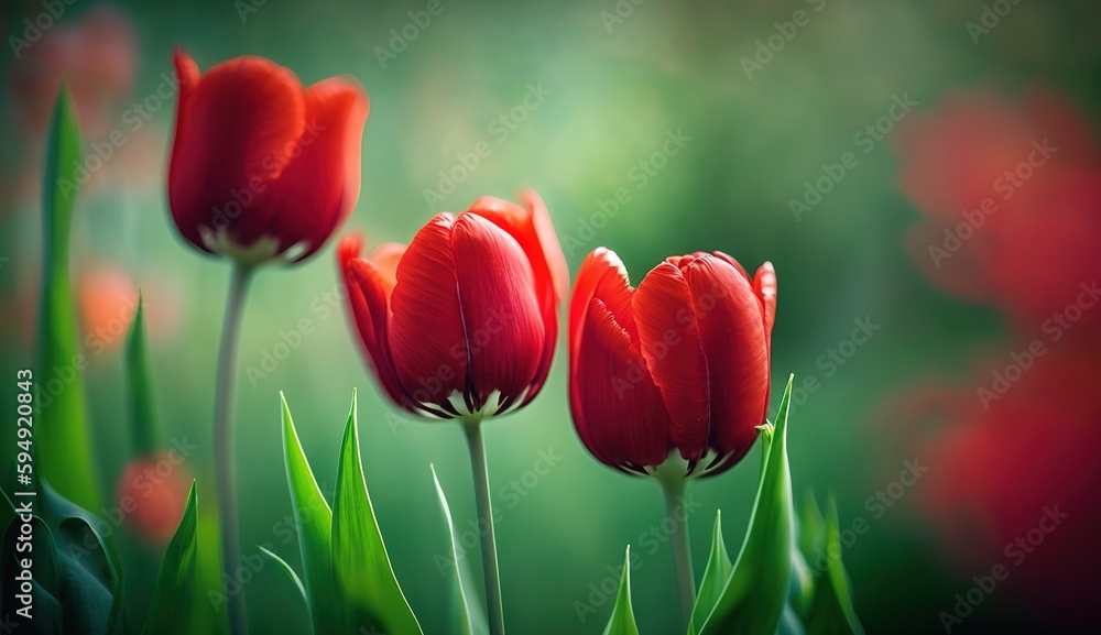Poster selective focus on a bouquet of bright red tulips on a green natural backdrop, representing the noti