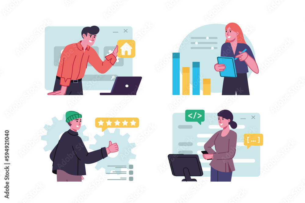 Aufkleber UI UX programming set concept with people scene in the flat cartoon design. Designers write programming code to a website to create a design. Vector illustration.