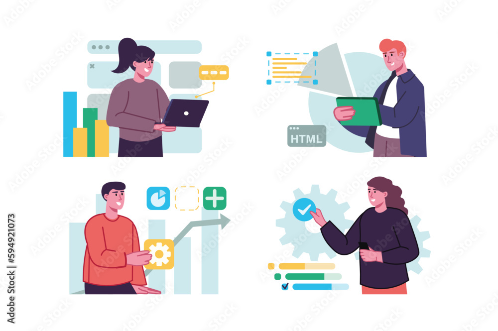 Poster set concept web development with people scene in the flat cartoon style. creative designers develop 