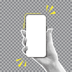 Mockup of smartphone in halftone hand. Vector illustration with hand holding phone with blank display isolated on checkered background. Paper cut out element for decoration of banners and posters.