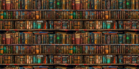 Old books on wooden shelf in library. AI generative illustration.