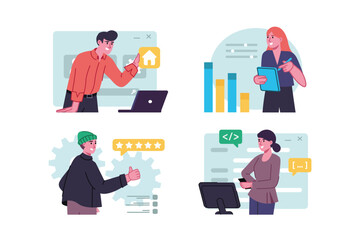 UI UX programming set concept with people scene in the flat cartoon design. Designers write programming code to a website to create a design. Vector illustration.