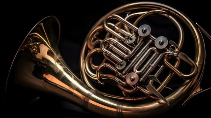 Obraz na płótnie Canvas French horn - A brass instrument with a flared bell and a long, coiled tube