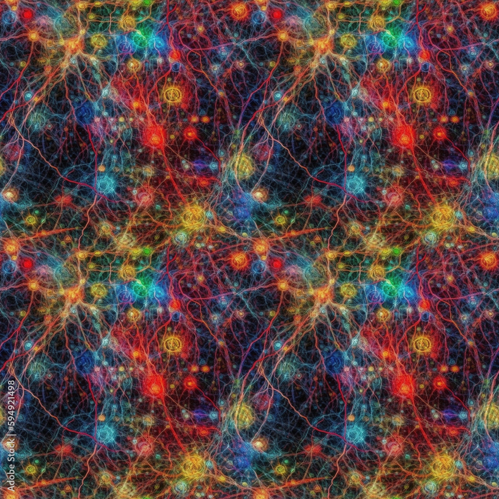 Poster neuron cells with multicolored glowing link knots in dark space. ai generative illustration.