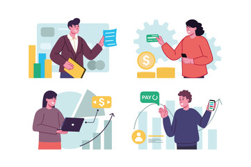 Banking set concept with people scene in the flat cartoon style. Men and women pay for purchases and services through online banking because it is more convenient. Vector illustration.