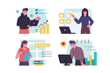Best feedback set concept with people scene in the flat cartoon design. Employees follow positive reviews in their social networks. Vector illustration.