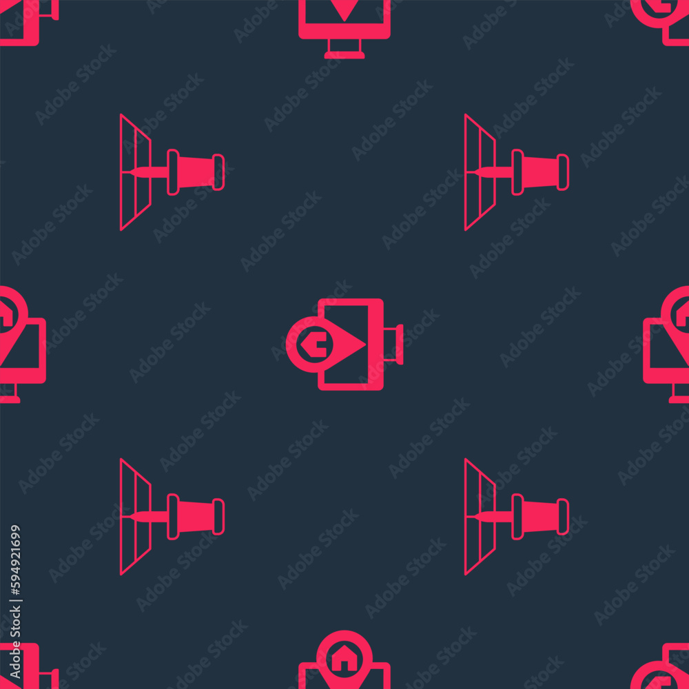 Poster set folded map with location marker and monitor on seamless pattern. vector