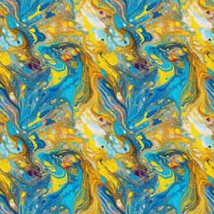 Blue and yellow liquid ink with realistic bubbles in slow blending flow mixing together. AI generative illustration.