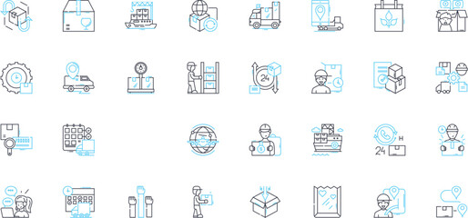 Distribution center linear icons set. Storage, Shipping, Logistics, Inventory, Warehouse, Receiving, Fulfillment line vector and concept signs. Picking,Loading,Unloading outline illustrations