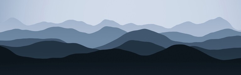 Fototapeta na wymiar artistic wide angle of hills in the fog digital graphics background texture illustration