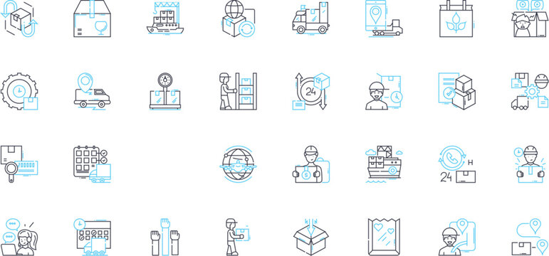 Distribution center linear icons set. Storage, Shipping, Logistics, Inventory, Warehouse, Receiving, Fulfillment line vector and concept signs. Picking,Loading,Unloading outline illustrations