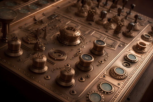 The control panel is a marvel of vintage engineering, featuring a plethora of buttons, switches, dials, and instruments arranged in an orderly yet intricate manner.