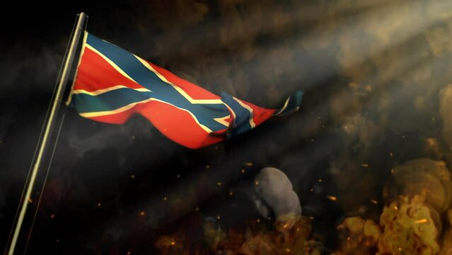waving Novorossia flag on smoke and fire with sun beams - problem concept