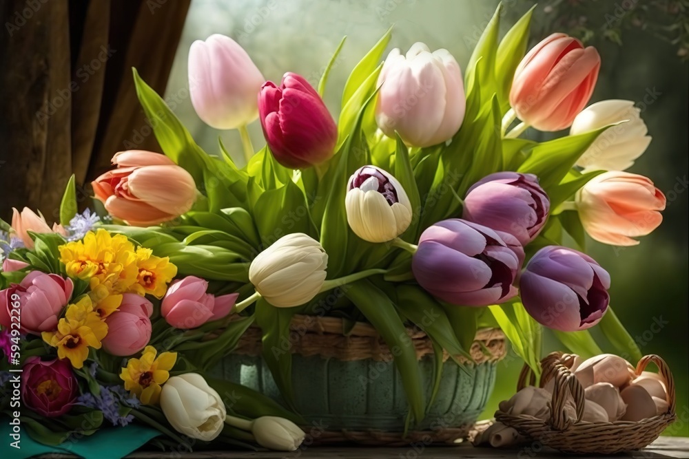 Poster tulips in a vase with a spring background. sale of tulip bouquets generative ai