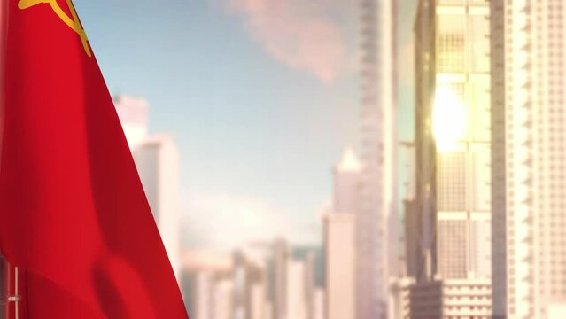 Soviet Union (USSR, SSSR) flag at sunset with modern city buildings