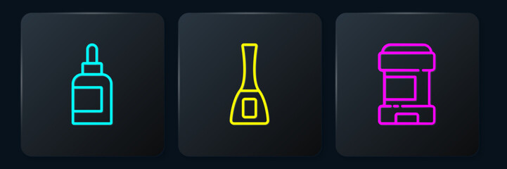 Set line Cream or lotion cosmetic tube, Antiperspirant deodorant roll and Nail polish bottle. Black square button. Vector