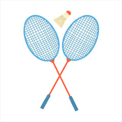 Isolated two crossed badminton rackets with shuttlecock in flat style on white background. Vector colorful illustration