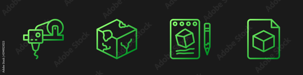 Aufkleber set line sketch on paper, 3d printer, isometric cube and file. gradient color icons. vector