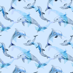 Seamless watercolor pattern with blue dolphins. Ocean friendly animal background. Textile print with hand drawn dolphin, water splashes, drops. Design for covers, fabric, wrapping paper, decor.