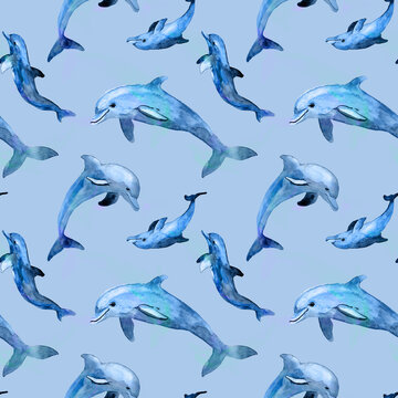 Seamless watercolor pattern with blue dolphins. Ocean friendly animal background. Textile print with hand drawn dolphin, water splashes, drops. Design for covers, fabric, wrapping paper, decor.