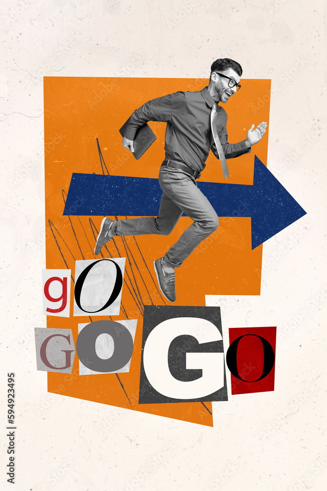 Aufkleber vertical collage image of mini black white effect excited guy hold netbook run go big arrow indicato