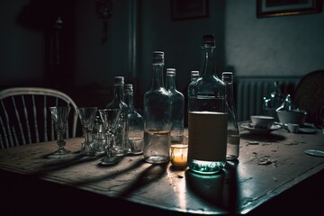 empty bottles and glasses on table in room after party late at night, created with generative ai