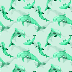 Fototapeta premium Seamless watercolor pattern with blue dolphins. Ocean friendly animal background. Modern Textile print with hand drawn dolphin, water splashes, drops. Design for covers, fabric, wrapping paper, decor.